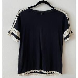 J Crew Comfy Black and Cream Embroidery Stitch Circles Sleeve Hem Design Top XXS